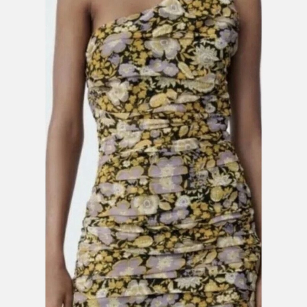 ZARA Floral One Shoulder‎ Rouched Dress Medium